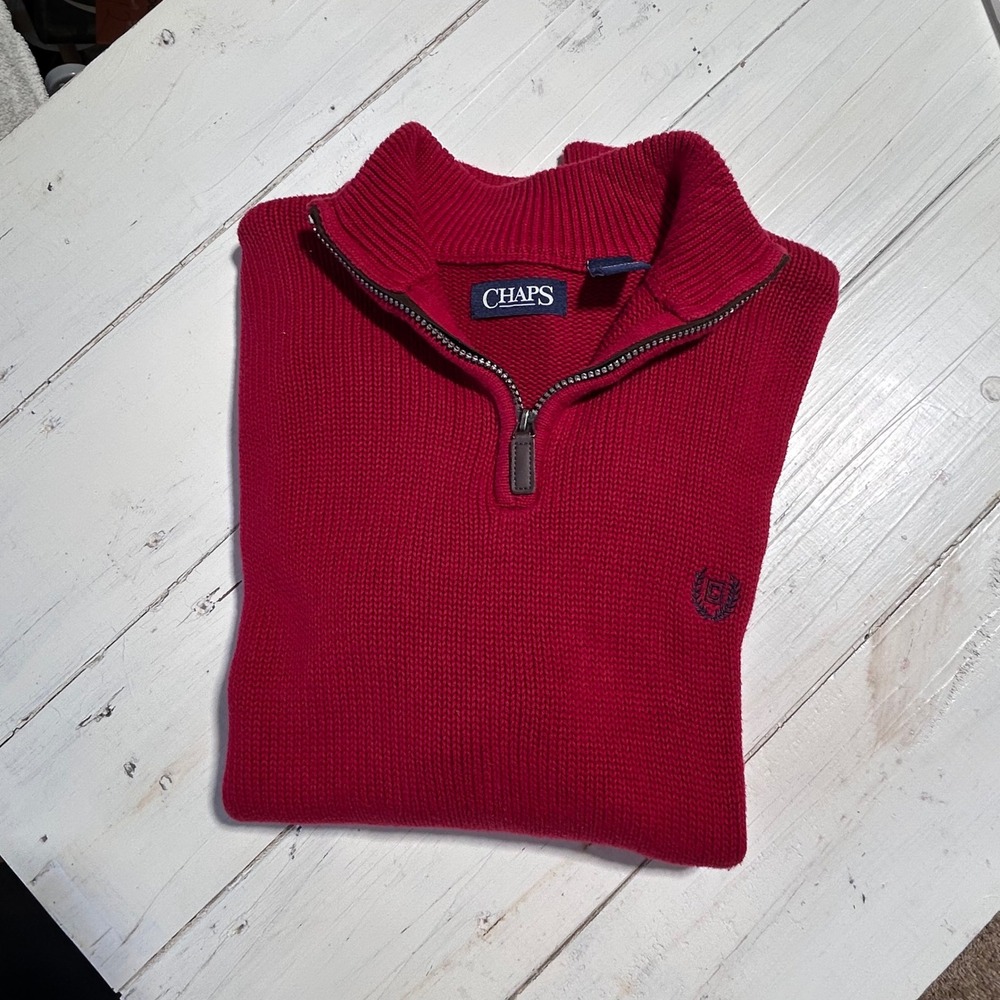 Mens Chaps Quarter Zip Pullover Sweater Red Long‎ Sleeve Knit Men's Medium